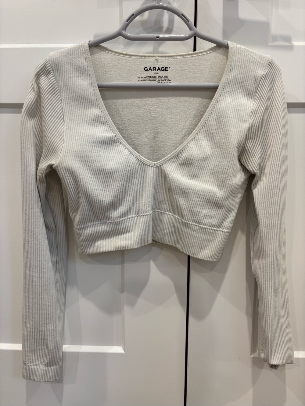 Garage Long Sleeve Ribbed V-Neck Cropped Top - Cream